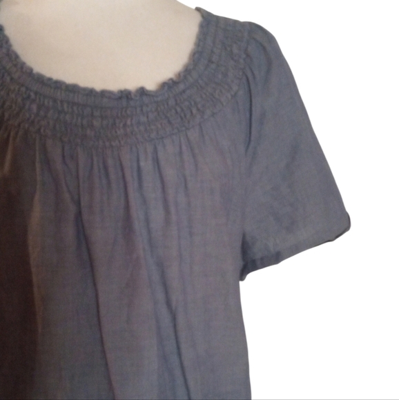 Talbots Floral Embroidered Blue Chambray Smocked Neckline Cotton Dress Size 14 - Picture 4 of 9